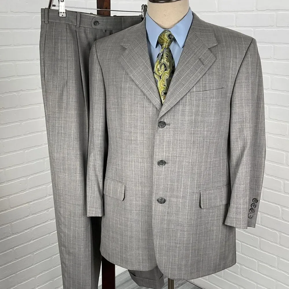 Corporate Image Tom James Suit Men 42 32Wx28L Gray White‎ Stripe Classic USA VTG